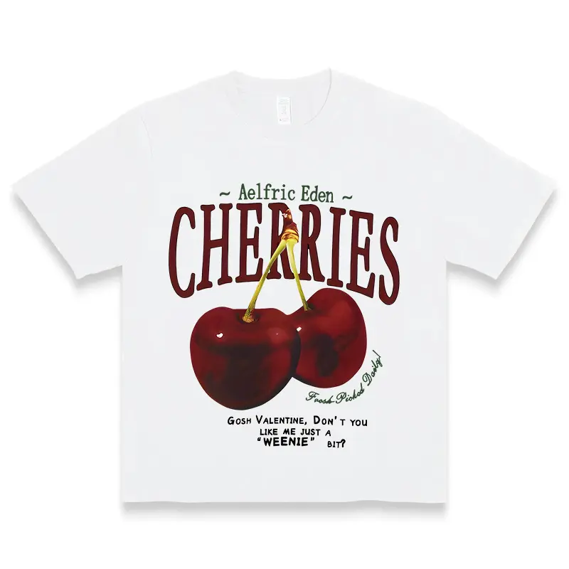 Retro Sweet-Cool Cherry Style "Cherries" Casual Tee 100% Cotton Unisex Classic Fit Soft Comfy Tshirt with Advanced Digital Printing Technology