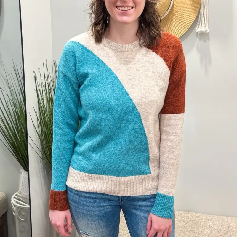 Color Block Sweater - Women's Knitwear in Turquoise, Cream, and Brown with Long Sleeves and Rib Knit Design - Womenswear