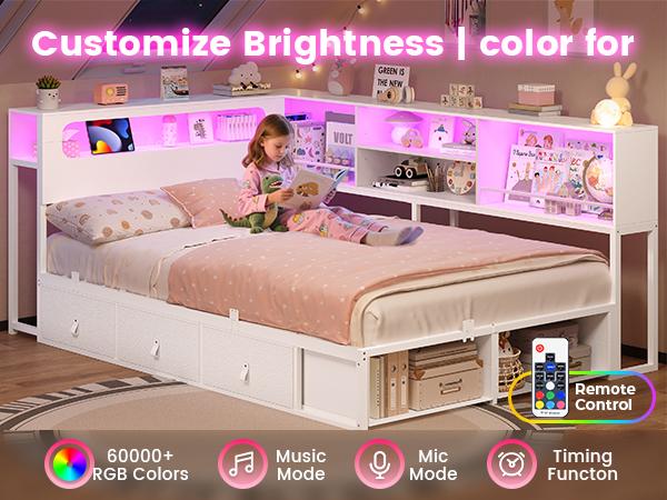 ADORNEVE Twin Corner Bed Frame with Bookcase Storage & LED Light Headboard, Charging Station, Metal Daybed with 3 Drawers & 2 Open Cubbies, for Small Bedrooms