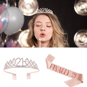 2pcs/ set 21st Birthday Crowns and Sashes for Women, Birthday Sash Princess Tiara Headband Elegant Crown with Combs Crystal Tiaras Birthday Headpieces for Party Hair Accessories Gifts