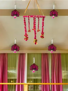 Single Color Round Wall Roof Ceiling Hanging Jhoomar with Gota Ring & Pompom with Bell Ornament for Indian Festival, Indian Wedding, Mehendi, Sangeet, Pooja or Diwali Décor