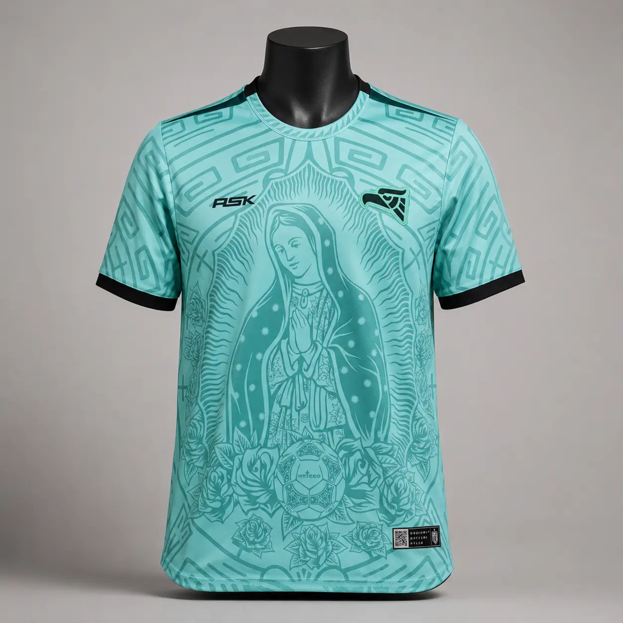 Mexico Aqua Religious Art Soccer Jersey, Floral Graphic Athletic Shirt, Lightweight Sports Top