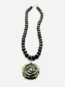 17" Hand-Carved Pyrite Rose Necklace with 8mm Pyrite Beads | Mad Mellow