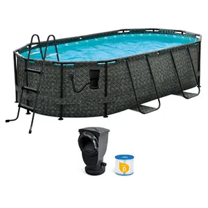 Funsicle 13'11" Oasis Designer Oval Above Ground Pool w/ Pump, Dark Herringbone