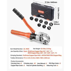 VEVOR Copper Pipe Crimping Tool, Hydraulic Driven Pro Press Tool with 1/2, 3/4, 1 Jaws for Copper Tube 3/8, 1/2, 5/8, 3/4, 1 Jaws for ASTM F1807 PEX Pipe Copper Ring - with Carrying Case