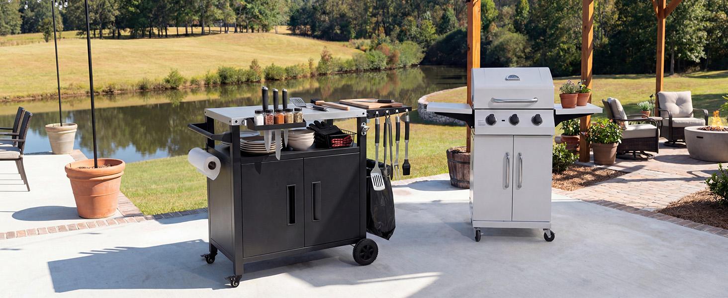 K&K Outdoor Grill Cart with Storage Cabinet, Foldable Table, Pizza Oven Table, Stainless Steel Top, Hooks, Spice Rack, Waterproof Cover, 4 Secure Locking Wheels, Heavy Duty Structure, 45 Gallons Closed Storage, 20 Gallons Open Storage