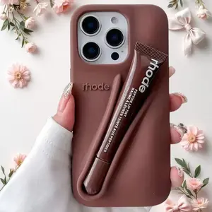 New Rhode Silicone Lip Balm Holder Phone Case for iPhone, Soft Matte Shockproof Cover with Lip Gloss Slot, Cute Aesthetic Phone Case (random lipstick gift)