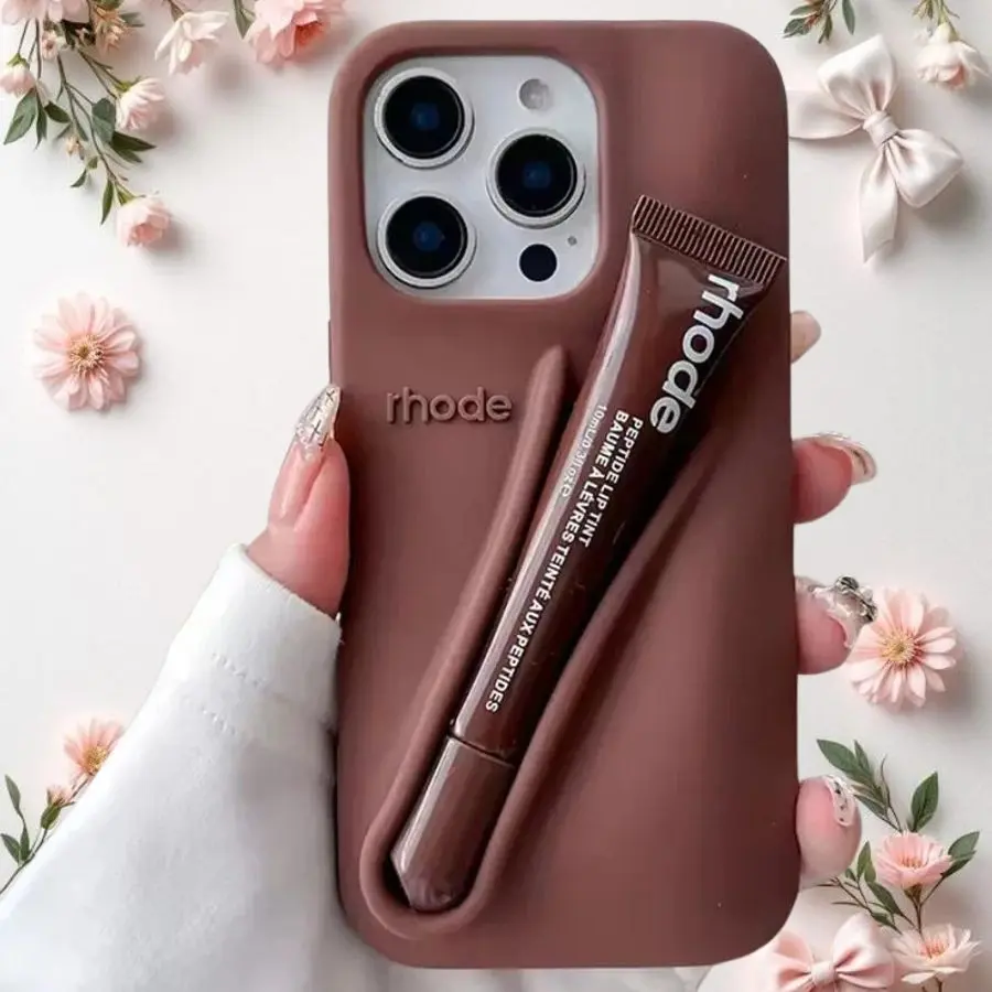 New Rhode Silicone Lip Balm Holder Phone Case for iPhone, Soft Matte Shockproof Cover with Lip Gloss Slot, Cute Aesthetic Phone Case (random lipstick gift)
