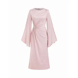 Cider Satin Rhinestone Ruched Bell Sleeve Maxi Dress