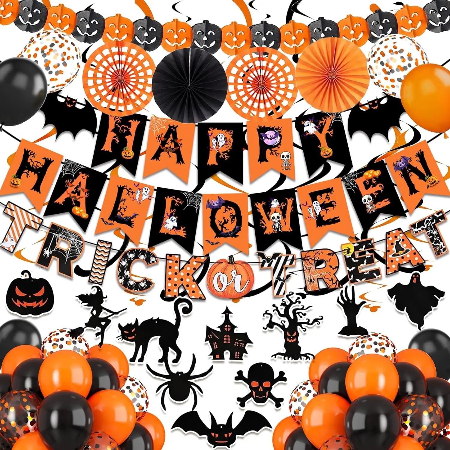 Spooky Halloween Trick-or-Treat Party Decorations Set - Paper Fan Balloons, Swirl Streamers, Ghoul, Bat, Cat, Bird, Ghost, Pumpkin Lantern for Home Festive Supplies