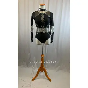 Black Leotard with Metallic Grey Accents and Mesh Cutouts - Rhinestones