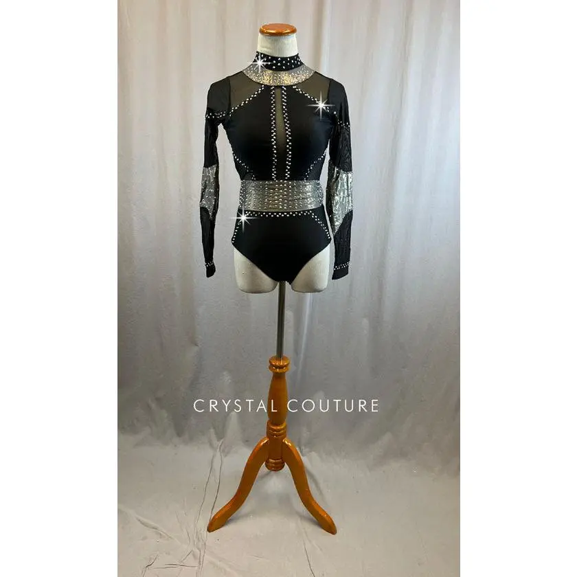 Black Leotard with Metallic Grey Accents and Mesh Cutouts - Rhinestones