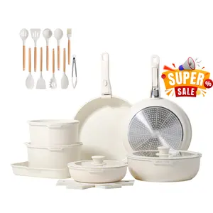 Jeetee 28pcs Non-Stick Cookware Set with Removable Handle, Stackable RV Pots and Pans, Oven/Dishwasher/Fridge Safe, Induction Compatible, Includes 8/9.5/11" Frying Pans, 9.5/11" Silicone Lids, 2 Removable Handles, 8" & 10" Silicone Utensils