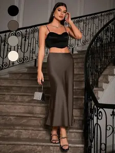 Women's Solid Color Skirt Elegant Fashion for Party Dating Autumn Essential Versatile Bottoms Womenswear Elegance Outfit Basic Minimalist Short Sleeveless Coffee Brown long skirt