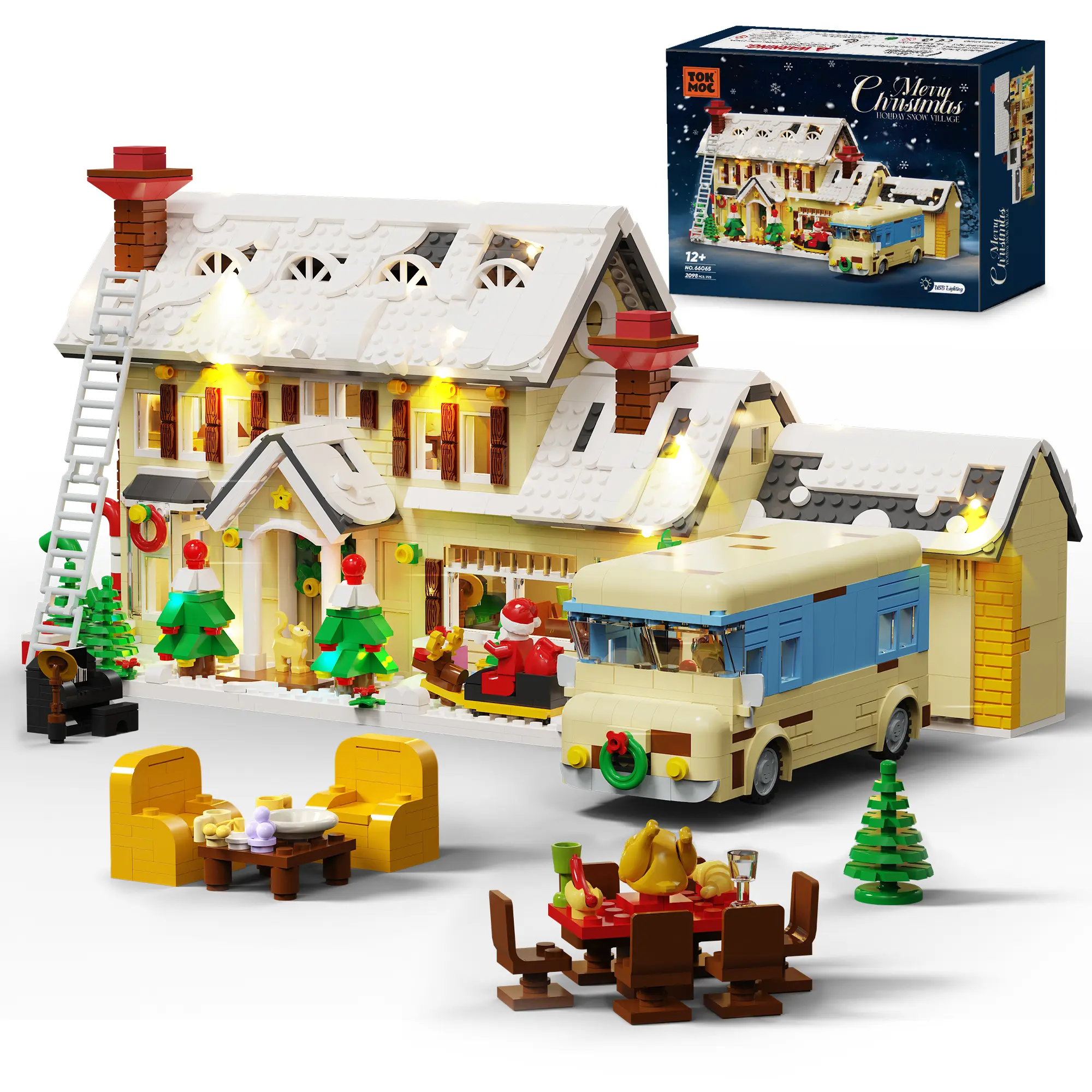TOKMOC 2098 Pieces Christmas House Village Building Set with Light, Winter Snow Cabin Holiday Camper Building Model Kit, Xmas Vacation Building Toy, Birthday Party Gift for Aged 12 And Above