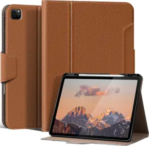 for iPad Pro 12.9" 6/5/4/3rd Generation Case 2022/2021/2020/2018,  Leather Folio Stand Cover with Buckle with Built-in  Pencil Holder & Auto Wake/Sleep & Multi Viewing Angles, Brown