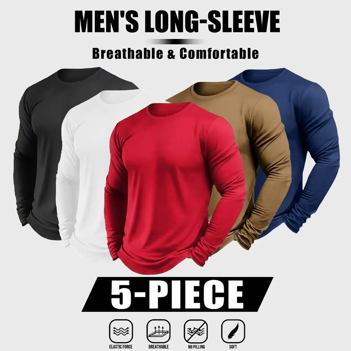 Men's 5-Pack Loose-Fitting Crew Neck Long-Sleeve Sweatshirts, Stylish Casual Drawstring Tops, Machine Washable for Home, Going Out, Ideal Gift