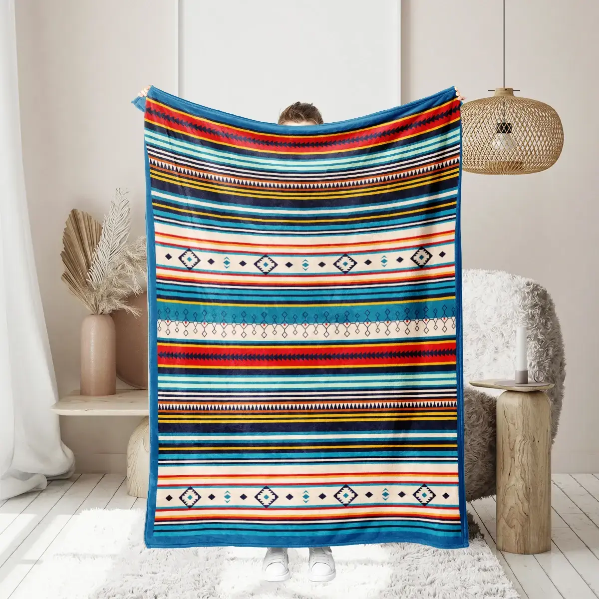 Bohemian Stripes Pattern Throw Blanket, Soft Flannel Colorful Boho Geometric Print for Bedroom, Sofa and Office Lounge Decor, Cozy Lightweight Bed Throw for Movie Night, Reading Naps and Birthday Gift for Boho Decor Fans and Home Style Lovers