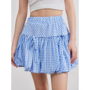 Cider [size 0-10] Mid Rise Gingham Bubble Hem Mini Skirt