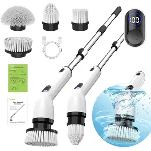 TUYU Electric Spin Scrubber Cordless with Power LCD Display & 2 Adjustable Speeds IPX7 Waterproof for Bathroom Kitchen Cleaning with 4 Replaceable Brush Heads and Extendable Handle