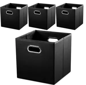 Leather Foldable Cube Storage Bins 13x13 inch [4-Pack] Fabric Storage Baskets Cubes Drawer with Cotton Handles Organizer for Shelves Nursery Closet Bedroom Clothes Black
