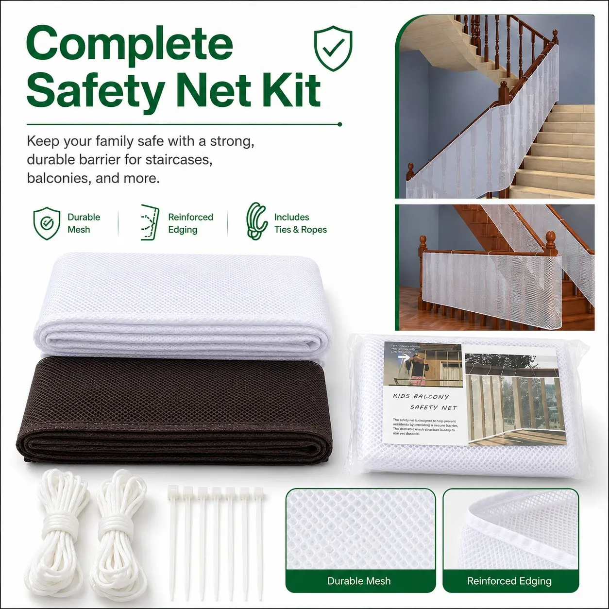 Balcony Safety Net for Pets and Kids, Cut-to-Fit Stair Banister Guard, Soft Durable Mesh Railing Protector with Reinforced Edging, Easy Install for Stairs, Lofts and Railings