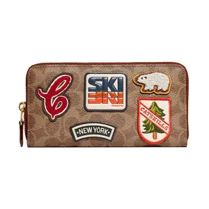 Coach Accordion Zip 20 Vintage Floral Cartoon Embroidered Canvas and Leather Long Wallet for Women in Brown