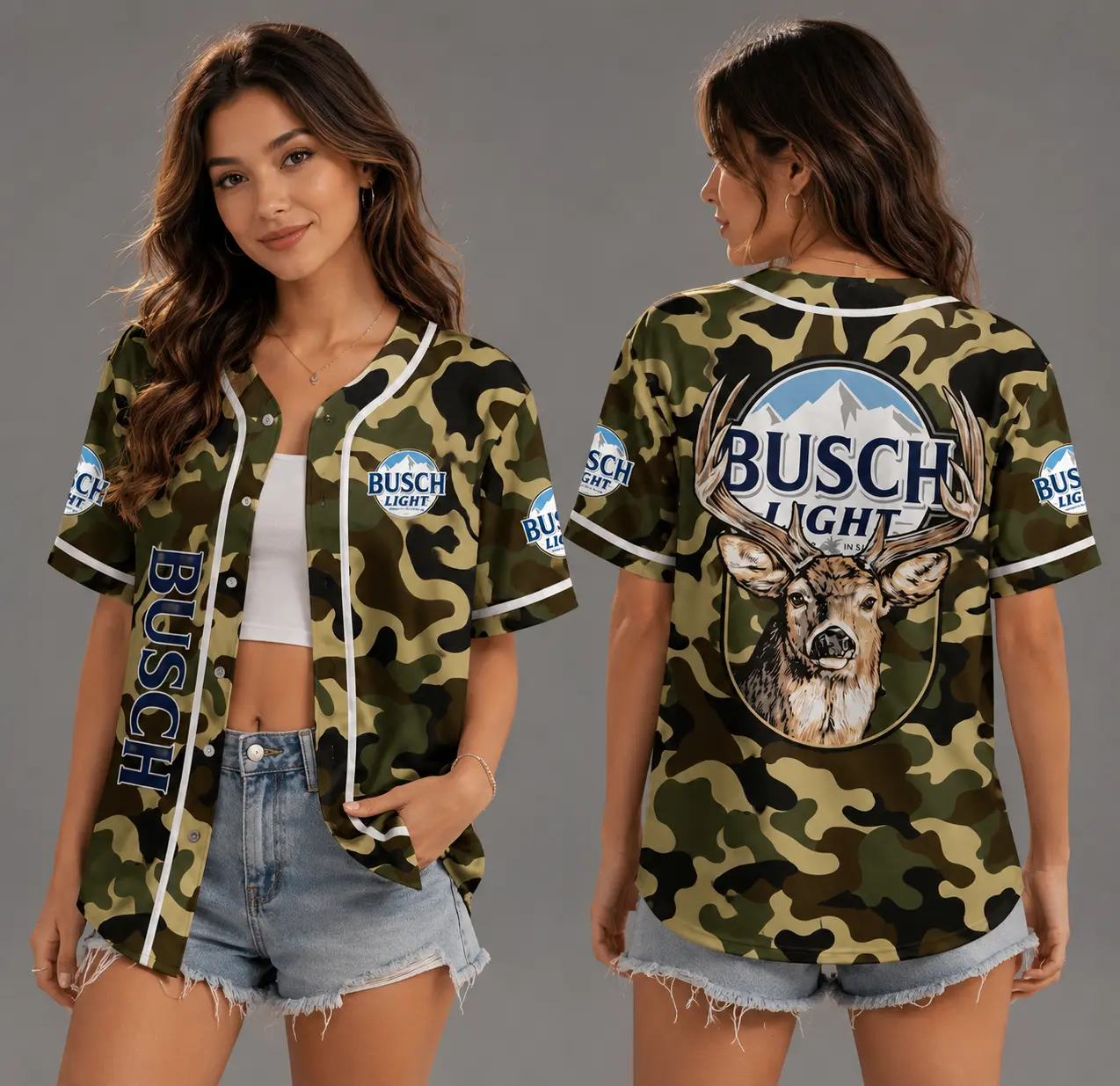 Busch Light Camo Deer Baseball Jersey – Hunting Buck Button Down Shirt