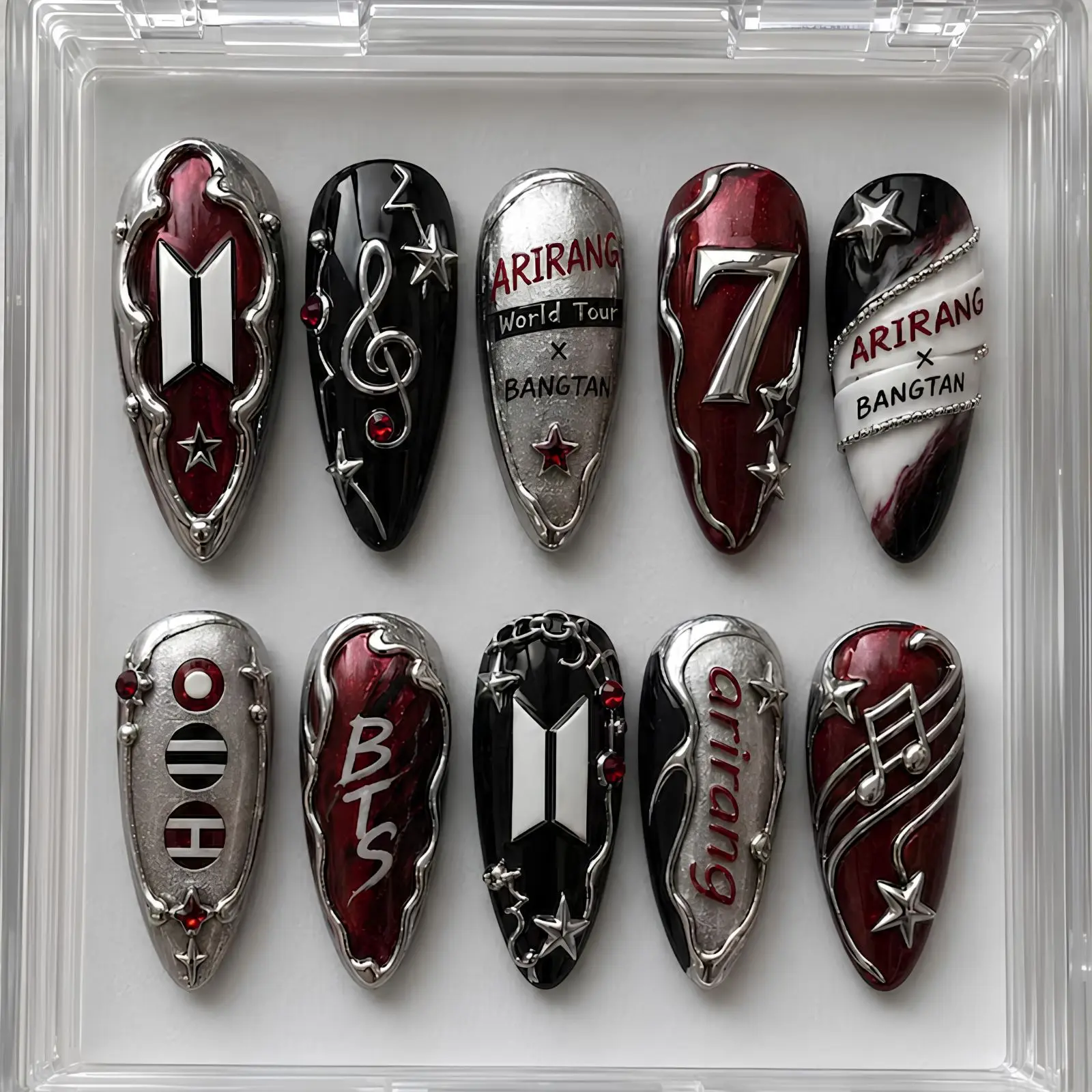 Arirang Inspired Press On Nails | Burgundy Chrome Kpop Concert Nails | Handmade Metallic Idol Nail Art | Idol Fan Gift