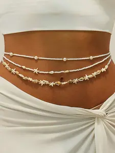 3pcs Holiday Style Waist Chain With Star Beads And Shell Beads, A Women's Accessory Featuring A Conch Faux Pearl Waist Chain, Body Jewelry