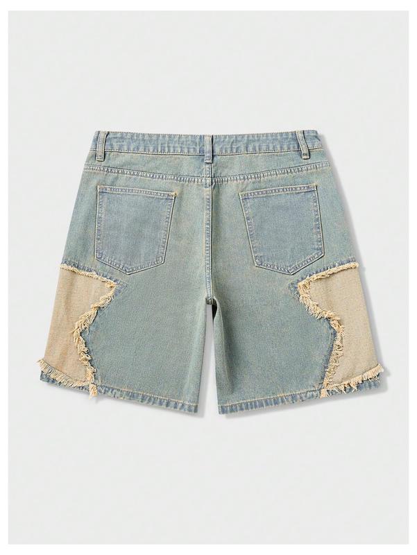 Frayed Hem Star Spring To Summer Pattern Wide Leg Jorts Denim Shorts with Pocket