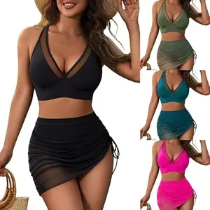 Women's 2-Piece Synthetic Solid Color European-American Sexy Mesh Patchwork Drawstring Bikini Skirt Set, Sports & Outdoor Swimwear, Skirts