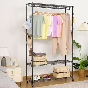 3 Tiers Heavy Duty Wire Shelving Unit Garment Rack Organiser，Hanger Bar Wheels Pair Side Hooks, Convenient Storage Rack for Clothing, Easy to Install Hanging Hangable Adjustable Standing Shelf