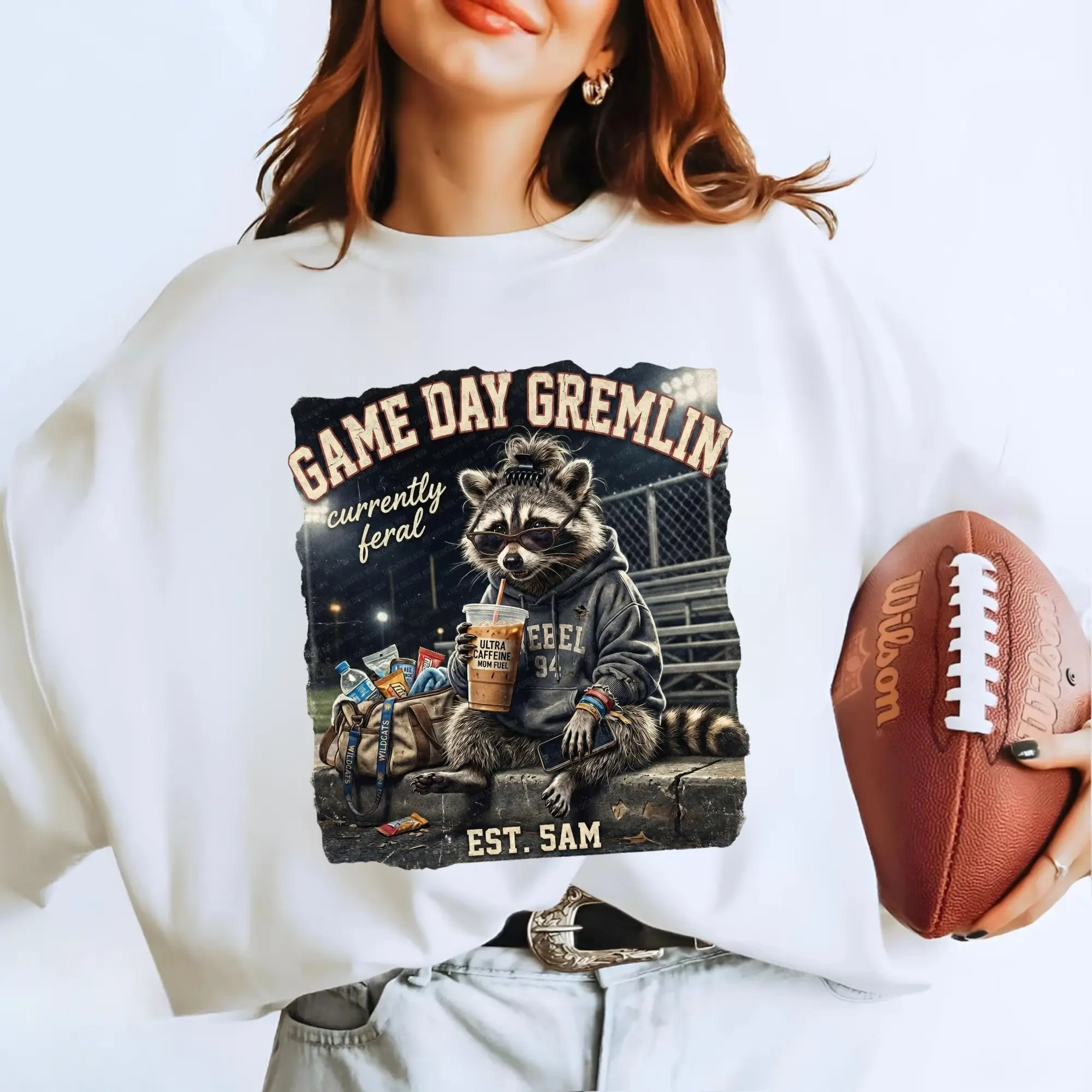 Gildan Game Day Gremlin Sweatshirt, Funny Football Mom Crewneck, Raccoon Graphic Pullover, Tailgate Season Sweatshirt, Fall Sports Gift for Women
