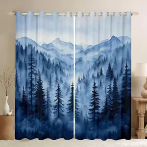 Boys Blue Forest Curtains Drapes,Rustic Woodland Pine Tree 50% Blackout Curtains,Jungle Smoky Mountain Window Curtains for Kids Men Retro Natural Landscape Curtains 2 Panels,summervibes