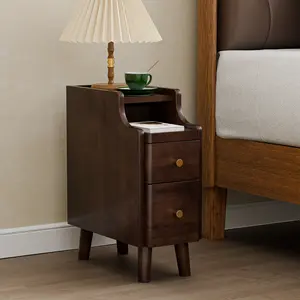 Narrow Nightstand with Drawers, Pre-Assembled Solid Wood Small Skinny Night Stand with Open Sliding Shelf , Mid Century Modern Slim Bedside Table for Bedroom, Slim Side Table , Walnut,Natural Oak,Black Walnut