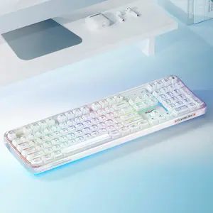 MOFii 1pc Crystal Arc White Keyboard, Transparent Keycaps Full-size Layout, Tri-mode Connectivity Membrane Keyboard, Rechargeable, Non-hot-swappable, US QWERTY