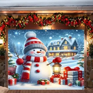 Charming Winter Wonderland Christmas Garage Banner - 8x7ft Snowy Town & Snowman Scene, Perfect for Outdoor Garden Decorations and Holiday Photography