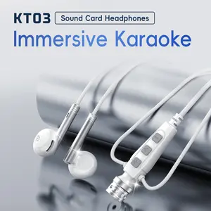 KT03 Wired Lavalier Microphone with Sound Card HD Real-Time in-Ear Monitoring Earphones 9 Reverb Effects 4 Music Effects for Smartphone Recording Live Streaming Singing USB Type C Black Audio Karaoke Plug Headset wired earphones earbuds