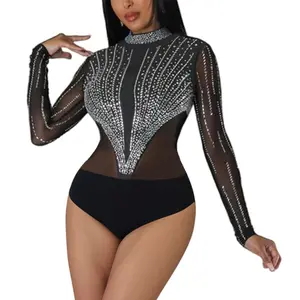 Women's Sexy Black Rhinestone Sheer Mesh Bodysuit Long Sleeve Mock Neck Club Party Leotard Top