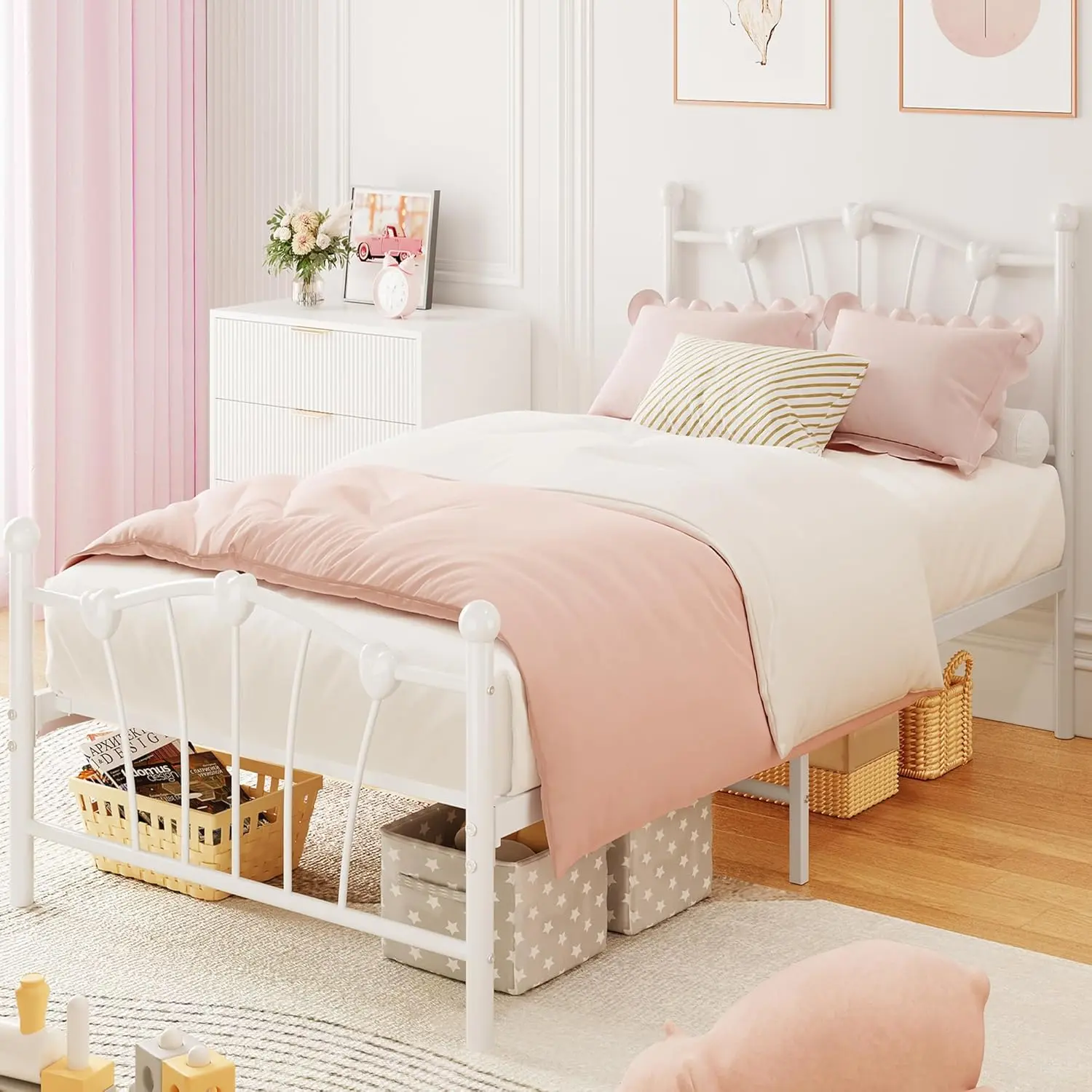 Twin Size White Metal Bed Frame with Heart-Shaped Headboard, Footboard, Orb Accents, Heavy-Duty Platform Base, Noise-Free Support Slats, No Box Spring Needed, Romantic Storage Bed, Quick Assembly Required - Self-Assembling Steel Option