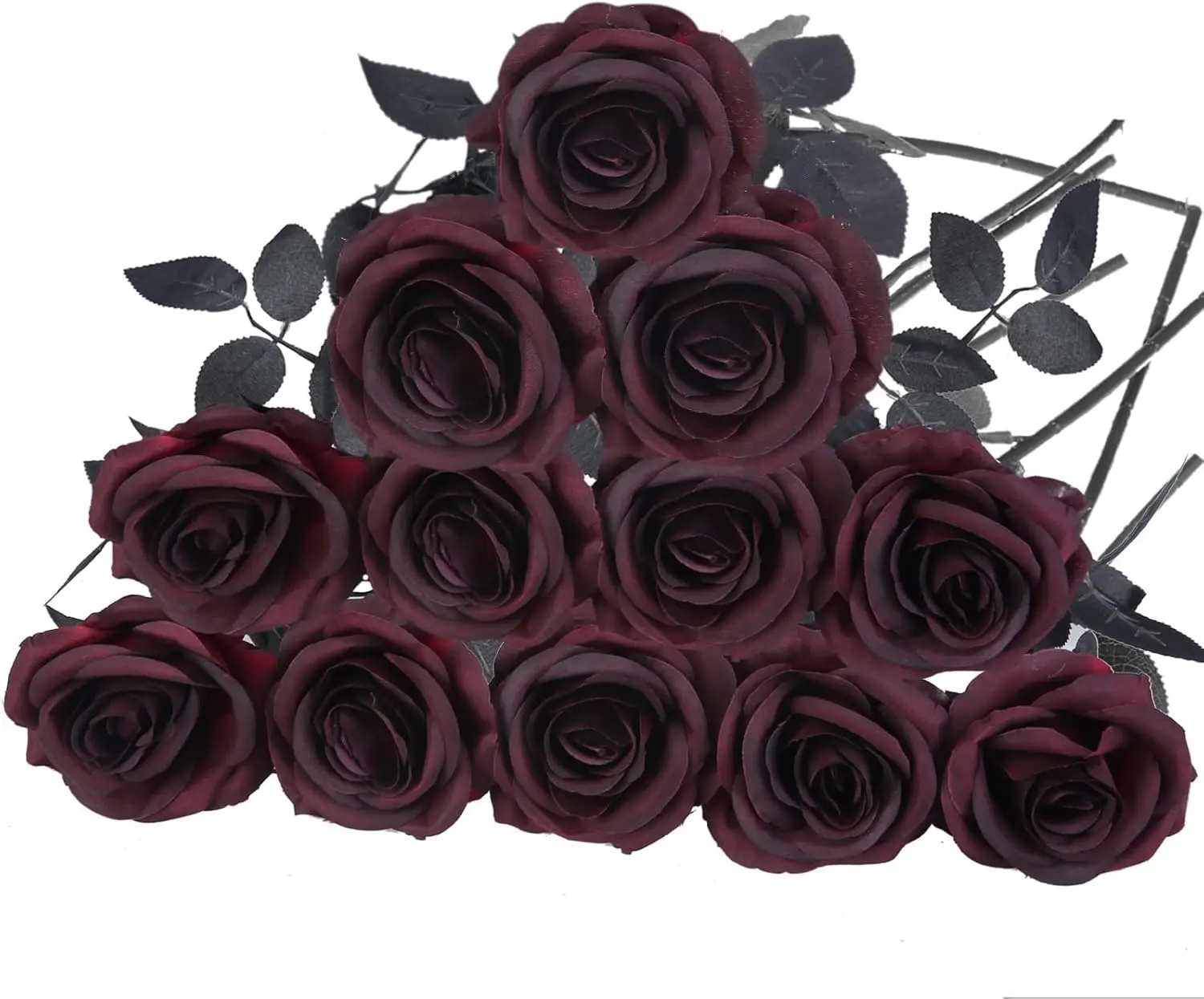 12 Pack Burgundy Roses Artificial Flowers with Black Stems| Fake Flowers Bouquet for Valentines Wedding Table Vase Home Indoor DIY Vampire Decor