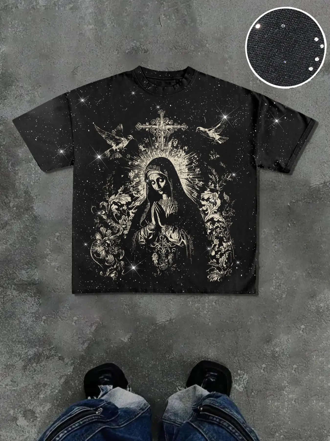 Men's Casual Short Sleeve Fitted T-Shirt, Bottom Sparkle Stars, Vintage Virgin Mary Prayer Graphic Print, Cross & Bird Prints, Street Style Streetwear
