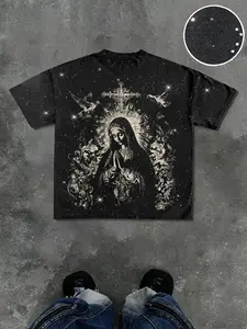 Men's Casual Short Sleeve Fitted T-Shirt, Bottom Sparkle Stars, Vintage Virgin Mary Prayer Print, Cross & Bird Prints, Street Style