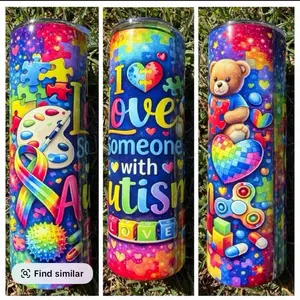 20 oz Stainless Steel Tumbler Autism Awareness Design Drinkware Water Bottles with Colorful Puzzle Pieces and Heart Motifs