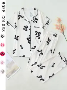 Women's Bowknot Print Contrast Binding Lapel Shirt & Elastic Waist Pants Pyjama  Set, Casual Comfy Short Sleeve Pocket Top & Trousers Pj Set, Ladies Sleepwear for All Seasons, Matching Pajamas