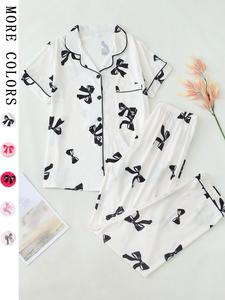 women's bowknot print contrast binding lapel shirt & elastic waist pants pyjama, casual comfy short sleeve pocket top & trousers pj set, ladies sleepwear for all seasons, matching pajamas, graphic womenswear, everyday, homewear, loungewear