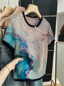 Gradient Marble Print Round Neck Sweater, Casual Short Sleeve Knitwear for Spring Summer Fall, Comfortable Warm Women's Clothing