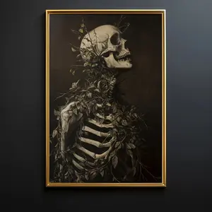 1pc Vintage Botanical Skeleton Skull Poster - Art Deco Classic Retro Gothic Dark Academia Canvas Art Print for Living Room, Bedroom, Bathroom, Dining Room - Fashion Theme Frameless Wall Art Indoor Decor