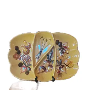 Vintage 3-Section Divided Relish Tray from Los Angeles Potteries, a Prominent Mid-20th Century California Pottery Studio with Vegetable-Embossed Sections (Radishes, Onions, Mushrooms)
